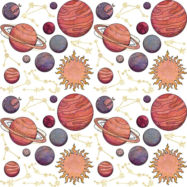 Raumnahtloses Muster Handgezeichnete Farbe Und Goldene Himmelskörper Planeten Sterne Und — Stockfoto