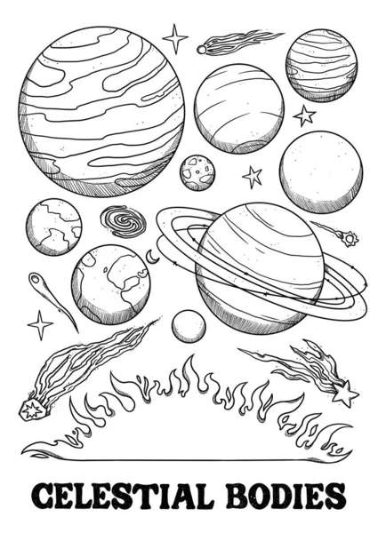 Boho Kosmische Poster Handgetekende Zwarte Witte Hemellichamen Astronomiesamenstelling Vintage Element — Stockfoto