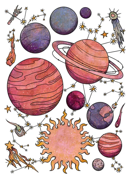 Boho Kosmische Poster Handgetekende Gekleurde Hemellichamen Astronomiesamenstelling Vintage Element Wicca — Stockfoto