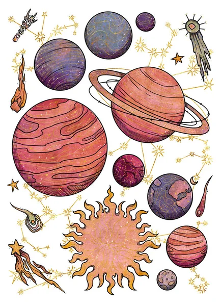 Boho Kosmische Poster Handgetekende Kleur Gouden Hemellichamen Astronomiesamenstelling Vintage Element — Stockfoto