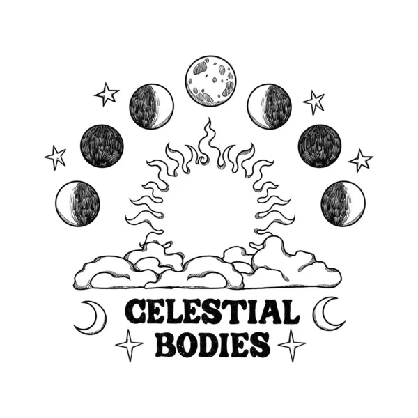 Boho Cosmic Poster Hand Drawn Black White Celestial Bodies Astronomy — Stock Photo, Image