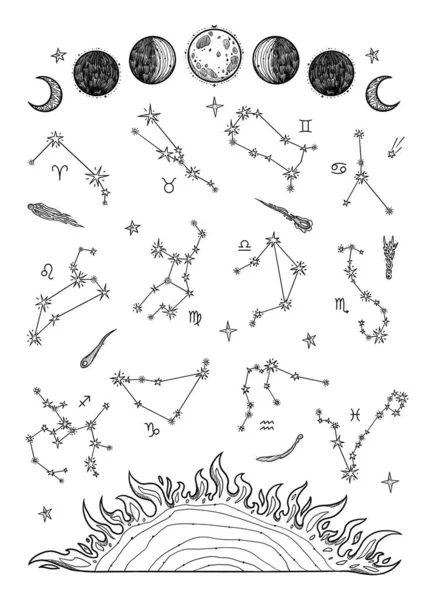 Boho Kosmický Plakát Ručně Kreslená Černobílá Nebeská Těla Astronomické Složení — Stock fotografie