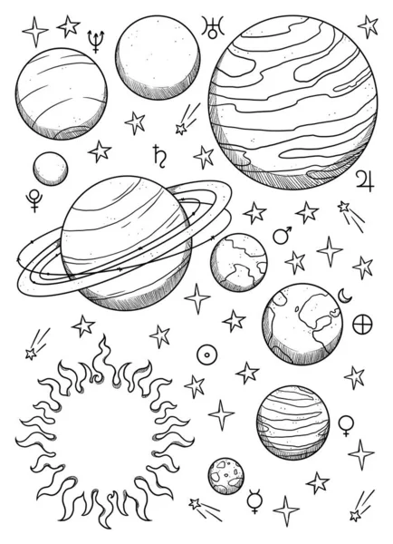 stock image Boho cosmic poster. Hand-drawn black and white celestial bodies. Astronomy composition. Vintage element. Wiccan and astrology art. Decorative science. Isolated on white