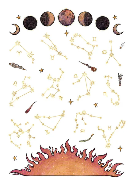 Boho Kosmische Poster Handgetekende Kleur Gouden Hemellichamen Astronomiesamenstelling Vintage Element — Stockfoto
