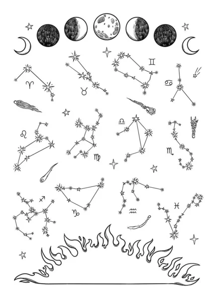 Космічний Плакат Бохо Намальовані Вручну Лінії Мистецтва Небесні Тіла Астрономічний — стокове фото