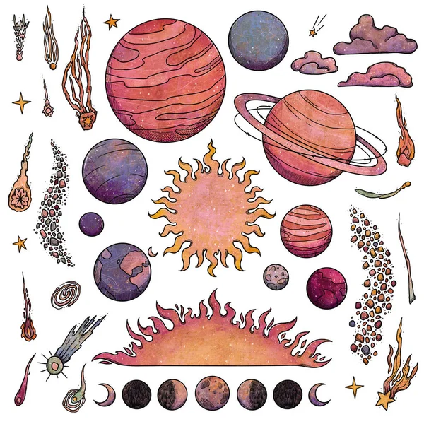 Set Van Gekleurde Kosmische Illustraties Planeten Van Het Zonnestelsel Zon — Stockfoto