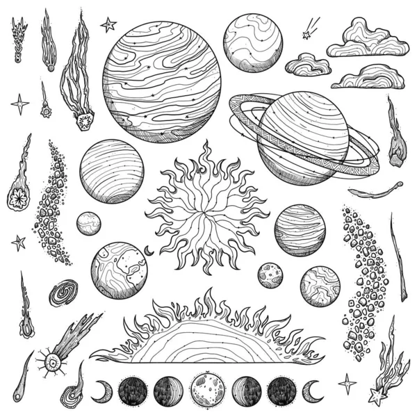 Set Black White Cosmic Illustrations Solar System Planets Sun Moon — Stock Photo, Image