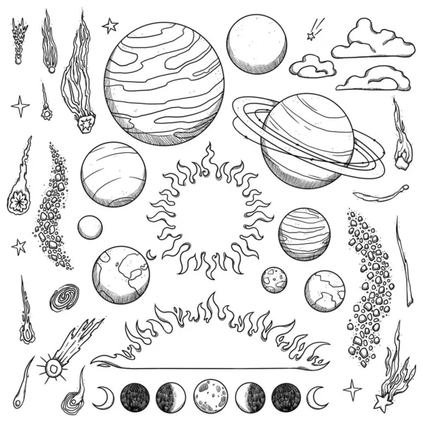 Set Illustrazioni Cosmiche Bianco Nero Pianeti Del Sistema Solare Sole — Foto Stock