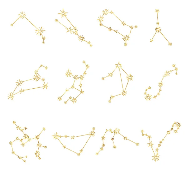 Signos Del Zodíaco Constelación Dibujada Mano Elementos Arte Línea Dorada — Foto de Stock