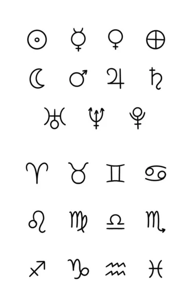 Astrologia Znaki Zodiaku Ręcznie Rysowane Symbole Ciał Niebieskich Klasyczne Elementy — Zdjęcie stockowe