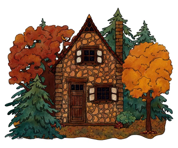 Casa Acogedora Otoño Dibujado Mano Paisaje Forestal Colores Casa Vacaciones — Foto de Stock