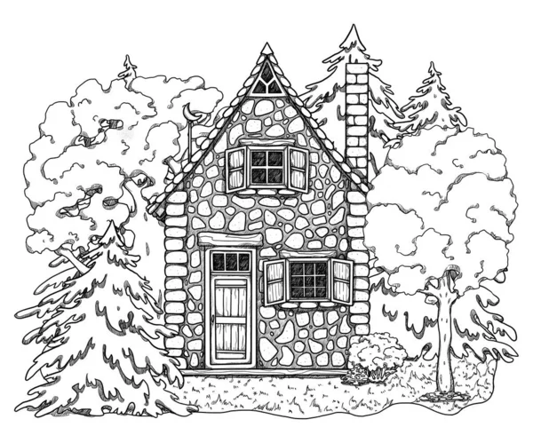 Handgezeichnete Herbstliche Linienkunst Des Gemütlichen Hauses Waldlandschaft Ferienhaus Der Blühenden — Stockfoto