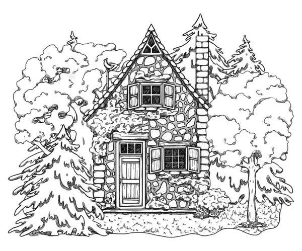 Ručně Kreslené Podzimní Umění Útulného Domu Lesní Krajina Rekreační Dům — Stock fotografie