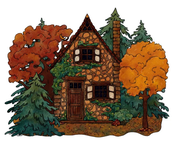 Met Hand Getekend Herfst Gezellig Huis Gekleurd Boslandschap Vakantiehuis Het — Stockfoto