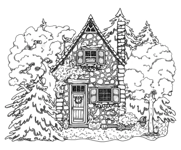 手绘的舒适房子万圣节线条艺术 森林景观 在花卉景观中度假的家 木制和砖房 Gottagecore和Goblincore插图 乡间小木屋 — 图库照片