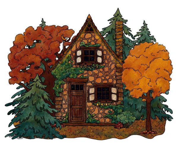 手绘装饰舒适的房子 五彩斑斓的森林景观在花卉景观中度假的家 木制和砖房 Gottagecore和Goblincore插图 郊区的位置 小茅屋 — 图库照片