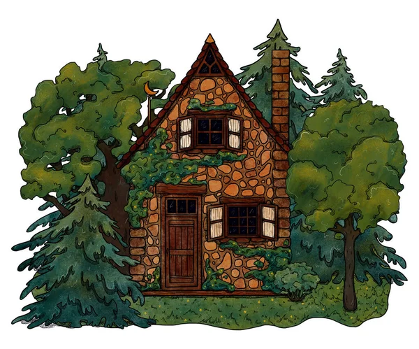 Hand Drawn Spring Cozy House Colored Forest Landscape Vacation Home — Stock Photo, Image