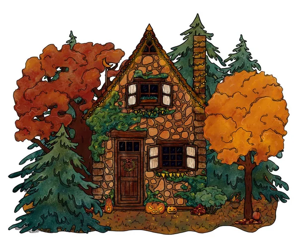 Уютный Дом Хэллоуин Цветной Лесной Пейзаж Отдых Дома Цветочном Пейзаже — стоковое фото