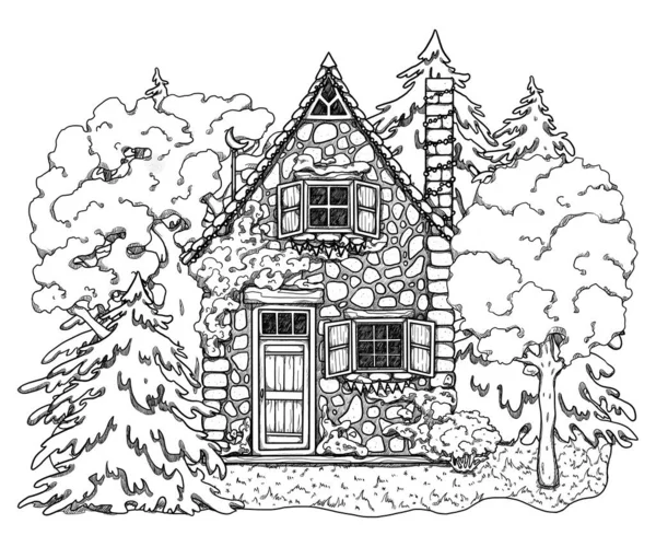 手绘装饰线条艺术舒适的房子 森林景观 在花卉景观中度假的家 木制和砖房 Gottagecore和Goblincore插图 郊区的位置 小茅屋 — 图库照片