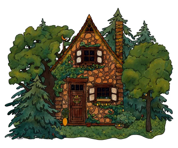 Casa Aconchegante Páscoa Desenhada Mão Paisagem Florestal Colorida Casa Férias — Fotografia de Stock