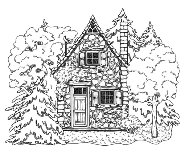 手描きの春のラインアート居心地の良い家 森の風景 花の風景の中に別荘 木造とレンガ造りの家 ゴタゴレとゴブリンコアのイラスト 田舎の場所だ 妖精の家 — ストック写真