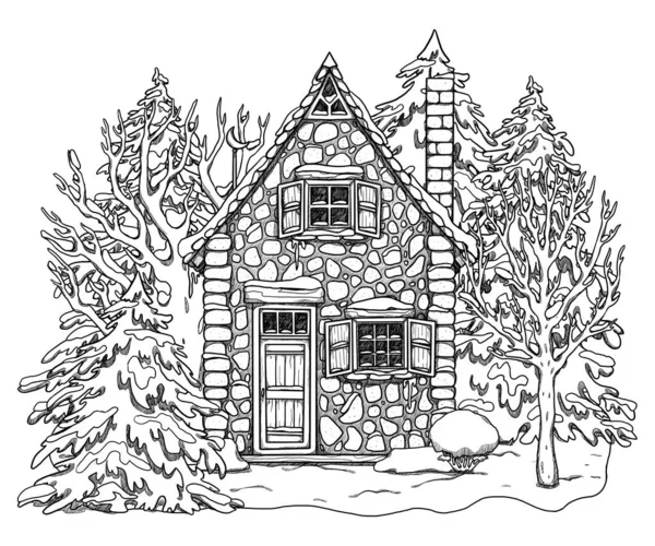 手描きの冬のラインアート居心地の良い家 森の風景 花の風景の中に別荘 木造とレンガ造りの家 ゴタゴレとゴブリンコアのイラスト 田舎の場所だ 妖精の家 — ストック写真