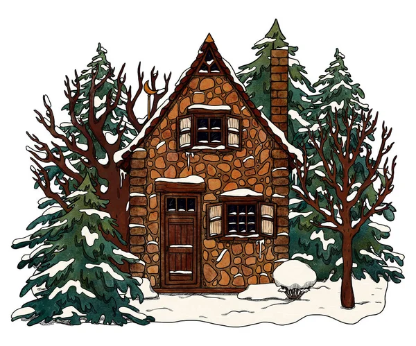 手绘冬季装饰舒适的房子 五彩斑斓的森林景观在花卉景观中度假的家 木制和砖房 Gottagecore和Goblincore插图 郊区的位置 仙女C — 图库照片