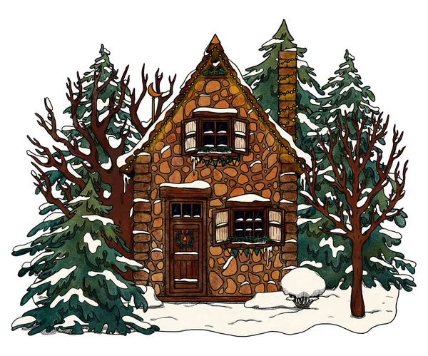 Maison Confortable Noël Dessinée Main Paysage Forestier Coloré Maison Vacances — Photo