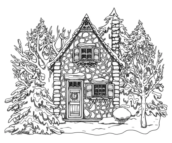 Casa Aconchegante Natal Desenhada Mão Arte Linha Paisagem Florestal Casa — Fotografia de Stock