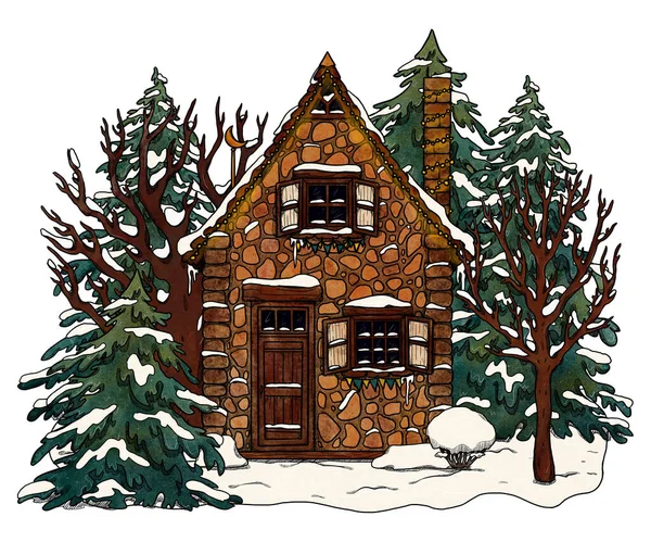 手绘装饰舒适的房子 五彩斑斓的森林景观在花卉景观中度假的家 木制和砖房 乡巴佬和哥白眼的例证 郊区的位置 小茅屋 — 图库照片