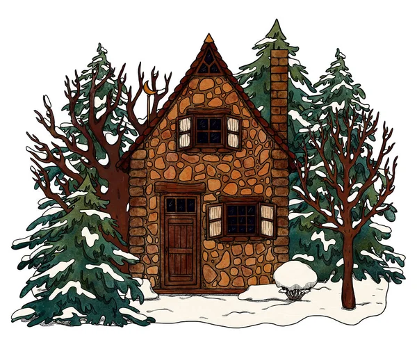 手绘舒适的房子 五彩斑斓的森林景观在花卉景观中度假的家 木制和砖房 Gottagecore和Goblincore插图 郊区的位置 小茅屋 — 图库照片