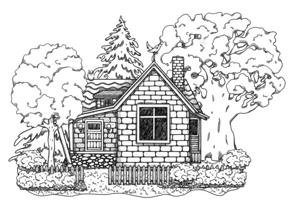Hand Drawn Autumn Line Art Cozy House Forest Landscape Vacation — Stock Photo, Image