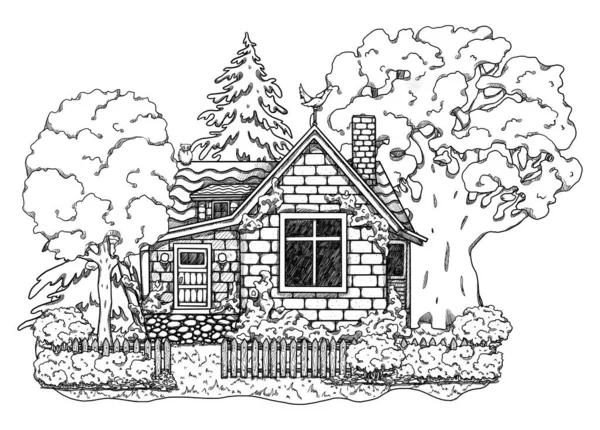 居心地の良い家の手描きの秋のラインアート 森の風景 花の風景の中に別荘 木造とレンガ造りの家 ゴタゴレとゴブリンコアのイラスト 田舎の場所だ 妖精の家 — ストック写真