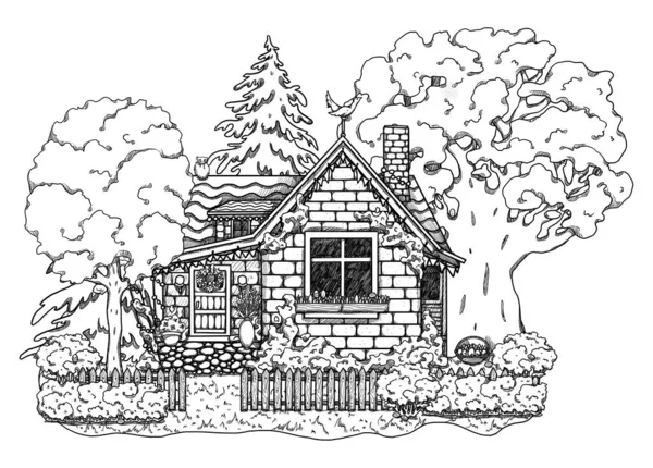 手描きイースターラインアート居心地の良い家 森の風景 花の風景の中に別荘 木造とレンガ造りの家 ゴタゴレとゴブリンコアのイラスト 田舎の場所だ 妖精の家 — ストック写真