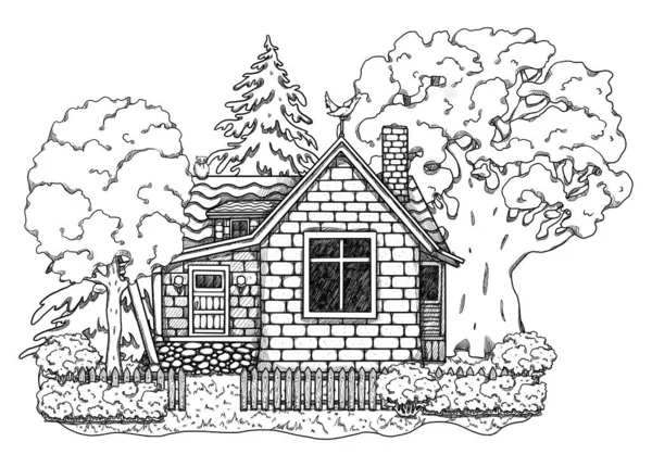 手描きのラインアート居心地の良い家 森の風景 花の風景の中に別荘 木造とレンガ造りの家 ゴタゴレとゴブリンコアのイラスト 田舎の場所だ 妖精の家 — ストック写真