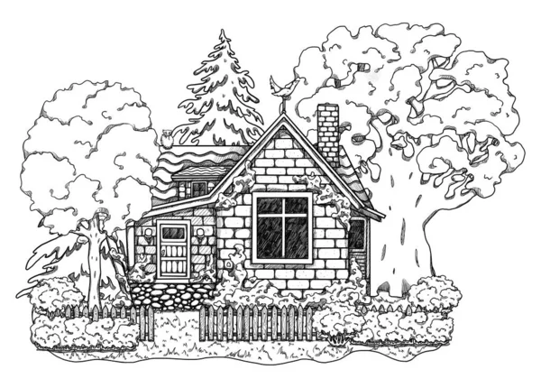 手描きの春のラインアート居心地の良い家 森の風景 花の風景の中に別荘 木造とレンガ造りの家 ゴタゴレとゴブリンコアのイラスト 田舎の場所だ 妖精の家 — ストック写真