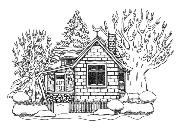 Linha Inverno Desenhada Mão Casa Aconchegante Arte Paisagem Florestal Casa — Fotografia de Stock