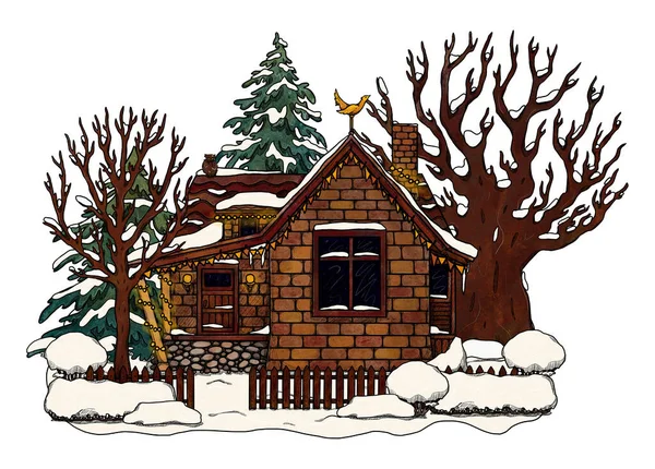 El yapımı dekoratif rahat bir ev. Renkli orman manzarası. Çiçek manzarasında bir tatil evi. Tahta ve tuğla ev. Gottagecore ve Goblincore illüstrasyonu. Kırsal bölge. Peri kulübesi.