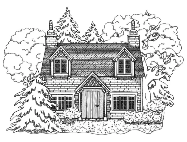 Ручной Рисунок Уютного Дома Лесной Пейзаж Отдых Дома Цветочном Пейзаже — стоковое фото