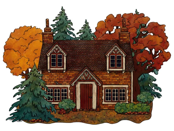 Ręcznie Rysowany Jesienny Przytulny Dom Kolorowy Krajobraz Leśny Domy Wakacyjne — Zdjęcie stockowe