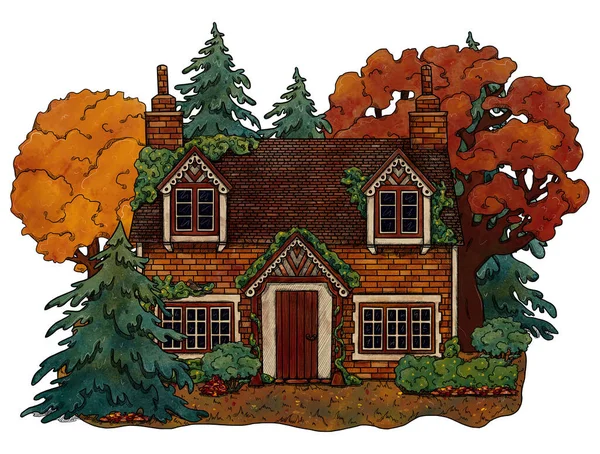 Casa Acogedora Otoño Dibujado Mano Paisaje Forestal Colores Casa Vacaciones — Foto de Stock