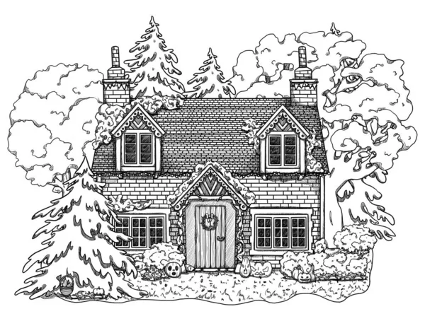 Ręcznie Rysowane Halloween Line Art Przytulnego Domu Krajobraz Lasu Domy — Zdjęcie stockowe