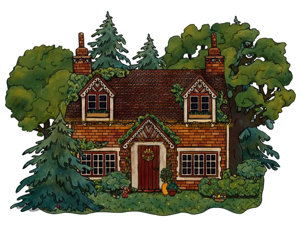 Ręcznie Rysowany Przytulny Dom Wielkanocny Kolorowy Krajobraz Leśny Domy Wakacyjne — Zdjęcie stockowe