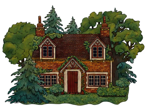 Handgezeichnetes Dekoratives Gemütliches Haus Farbige Waldlandschaft Ferienhaus Der Blühenden Landschaft — Stockfoto