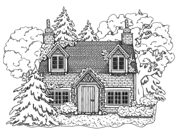 stock image Hand-drawn spring line art cozy house. Forest landscape. Vacation home in the floral landscape. Wooden and brick house. Gottagecore and goblincore illustration. Countryside location. Fairy cottage