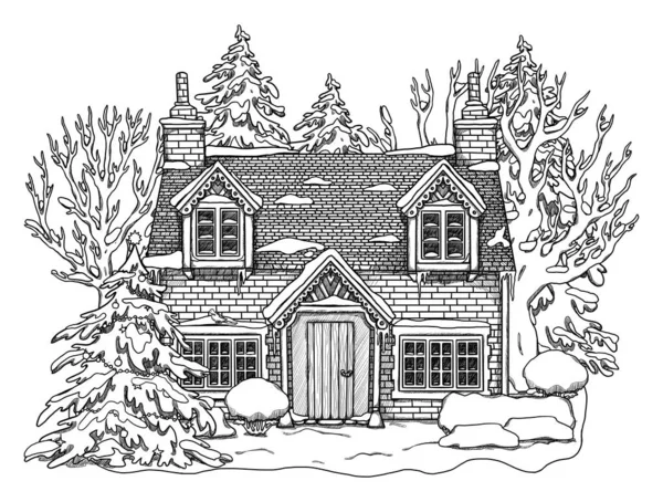 Dibujado Mano Línea Navidad Arte Acogedora Casa Paisaje Forestal Casa — Foto de Stock