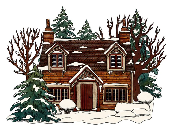 Ручной Рисунок Зимнего Уютного Дома Цветной Лесной Пейзаж Отдых Дома — стоковое фото