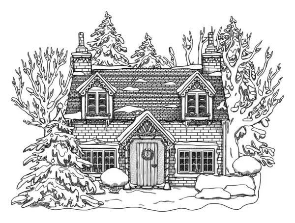 手描きのクリスマス居心地の良い家 ラインアートの森の風景 花の風景の中に別荘 木造とレンガ造りの家 ゴタゴレとゴブリンコアのイラスト 田舎の場所だ 妖精の家 — ストック写真