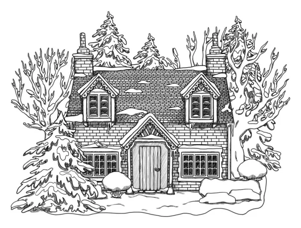 Arte Línea Dibujado Mano Casa Invierno Paisaje Forestal Casa Vacaciones — Foto de Stock