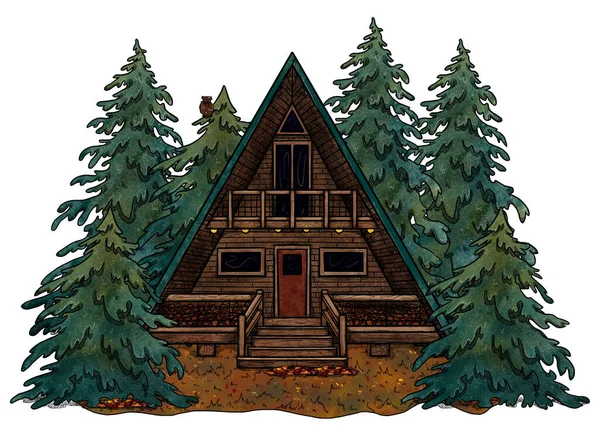 手描きの秋居心地の良い家 色の森の風景 花の風景の中に別荘 木造とレンガ造りの家 ゴタゴレとゴブリンコアのイラスト 田舎の場所だ 妖精の家 — ストック写真